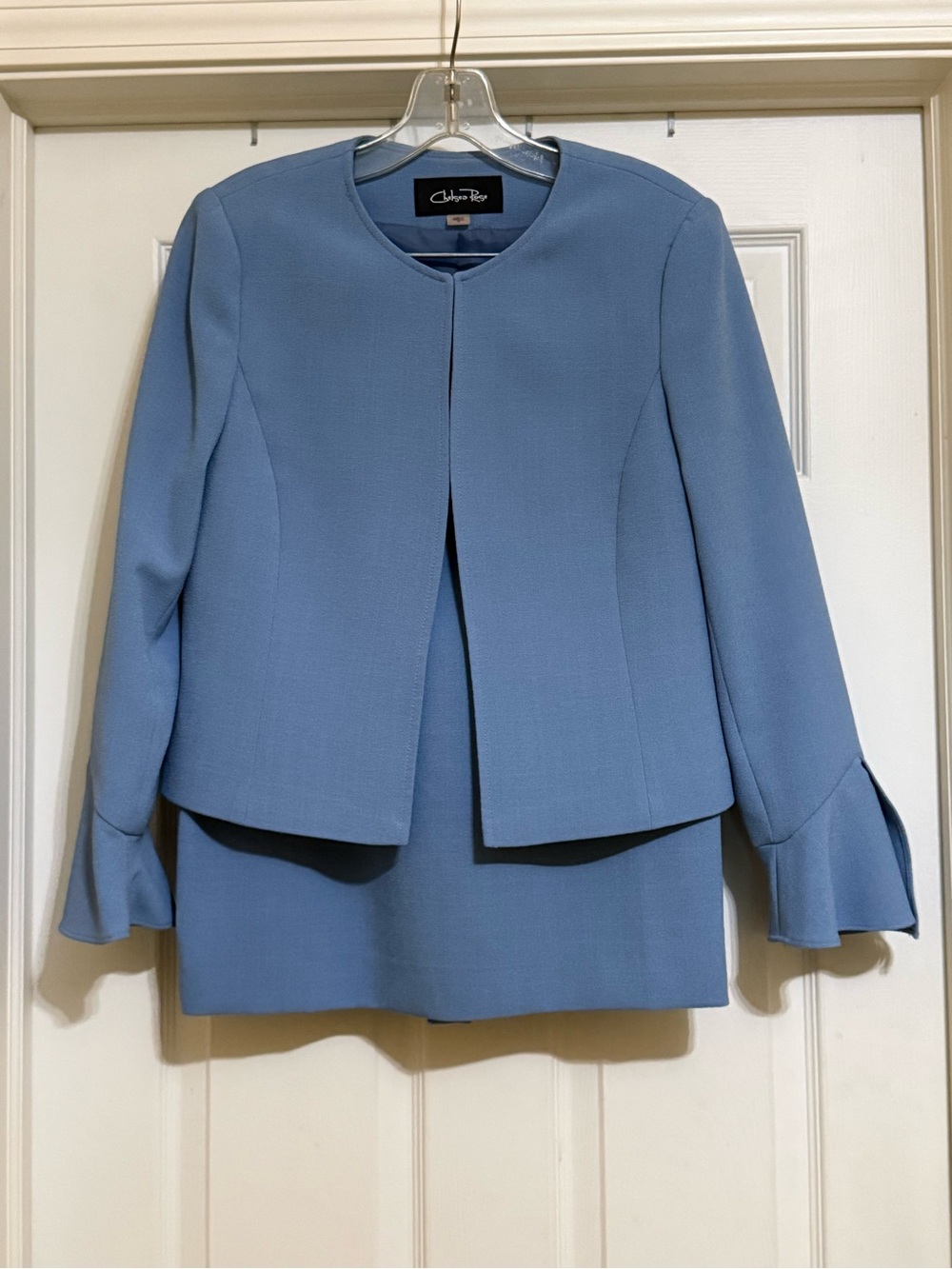 Chelsea Rose Powder Blue Suit - Collarless Blazer with Flared Cuffs & skirt